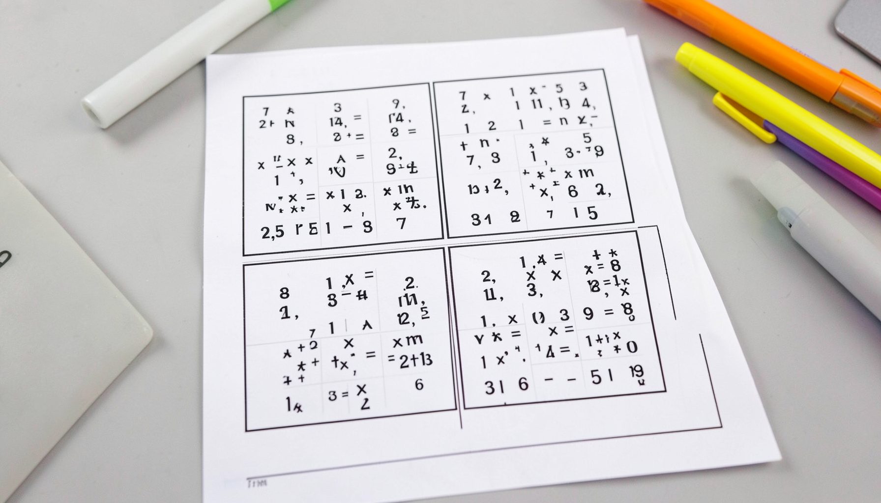 A two by two multiplication grid worksheet with partially filled answers and colorful highlighters nearby on a white background