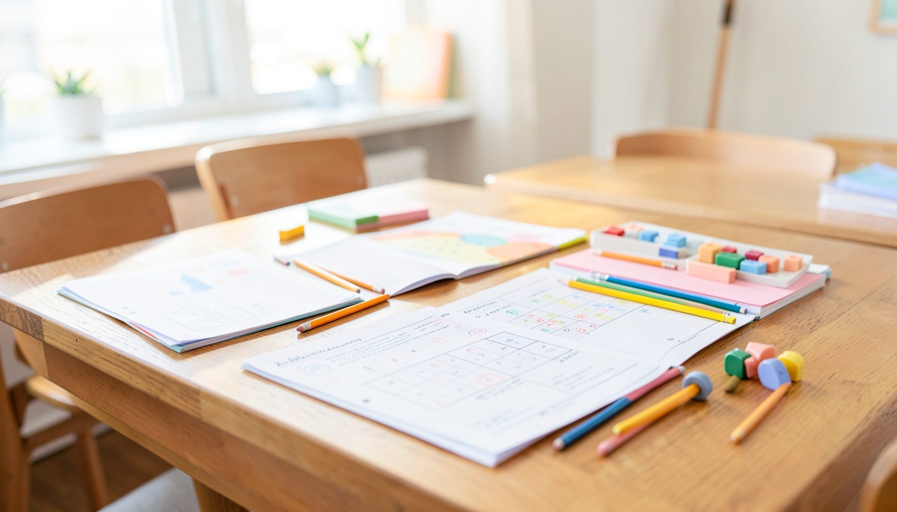 A bright airy classroom desk with colorful worksheets pencils and math manipulatives scattered across a warm wooden surface