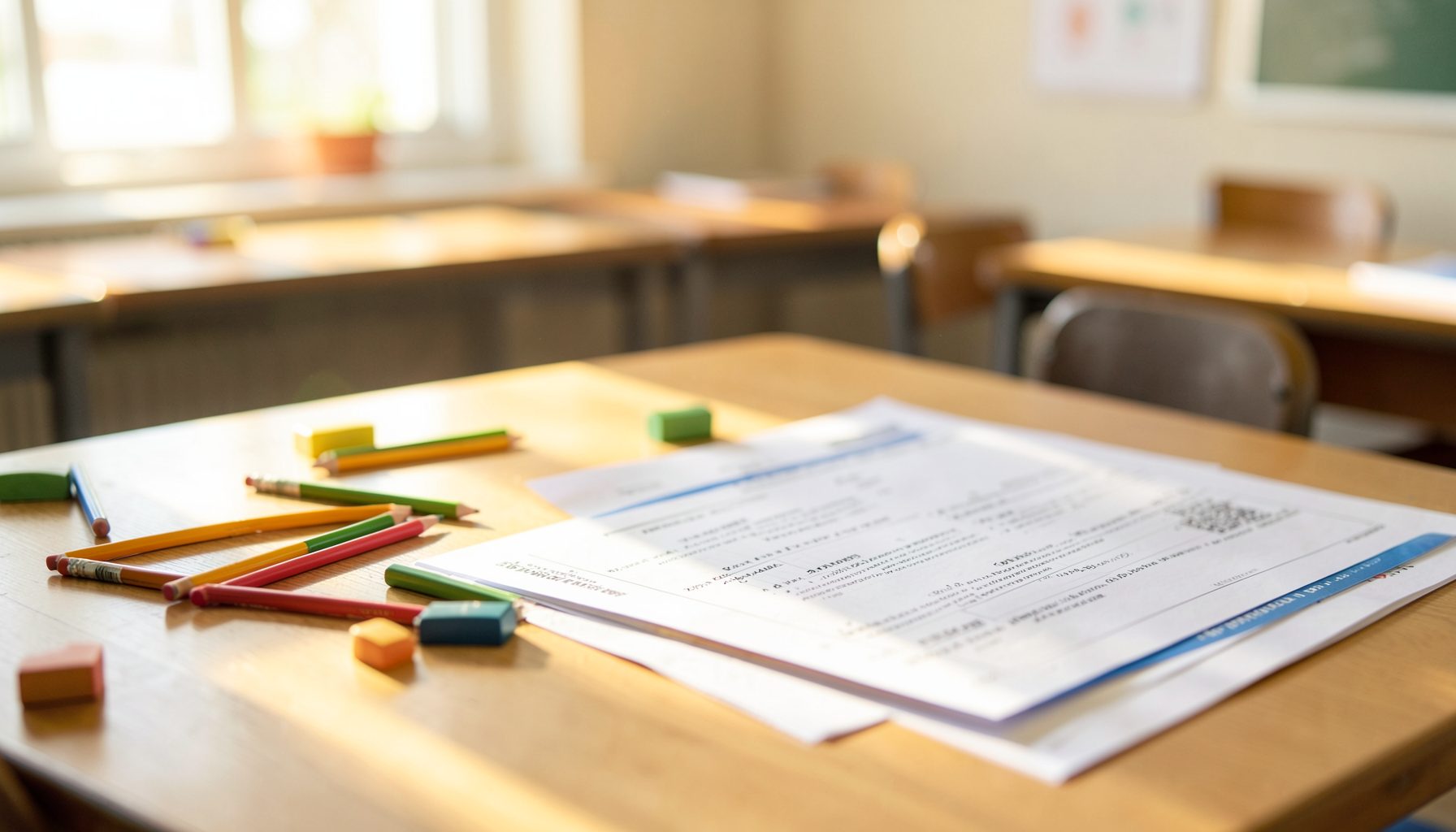 A bright, softly lit classroom desk with colorful pencils, erasers, and a stack of printed worksheets in warm morning light