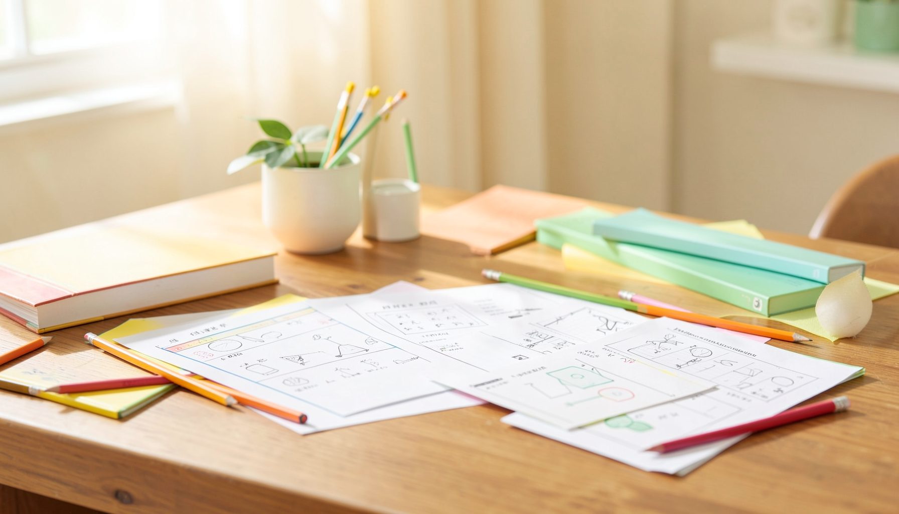 A bright, welcoming desk scene with colorful educational materials, pencils, and worksheets spread across a wooden surface
