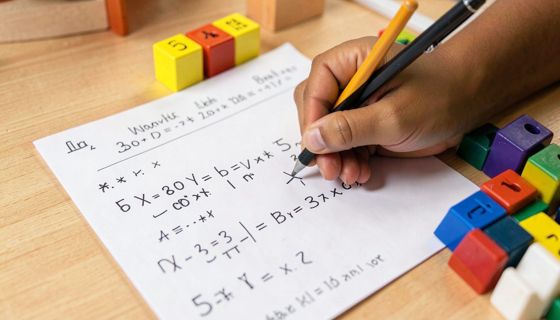 A child's hand writing multiplication by five problems on a worksheet with colorful number blocks nearby, warm cream and soft blue tones