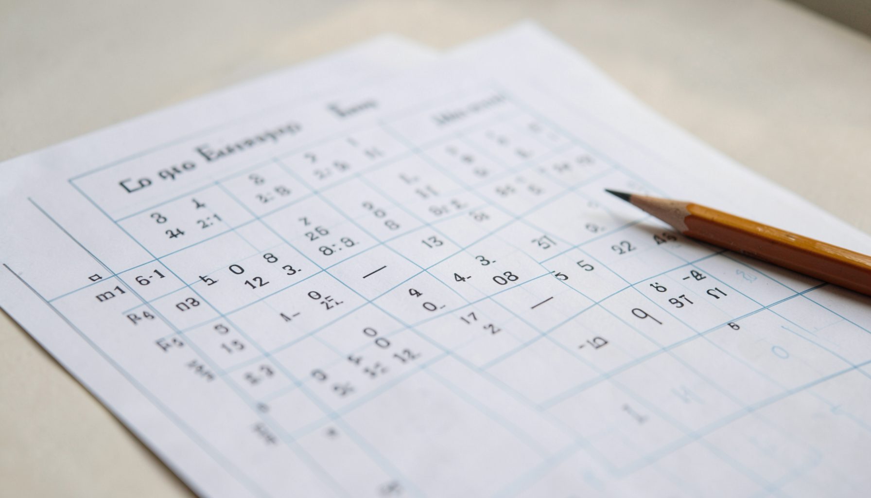 A close-up of a multiplication chart printed on white paper with a pencil resting beside it, softly lit in warm tan and cream tones