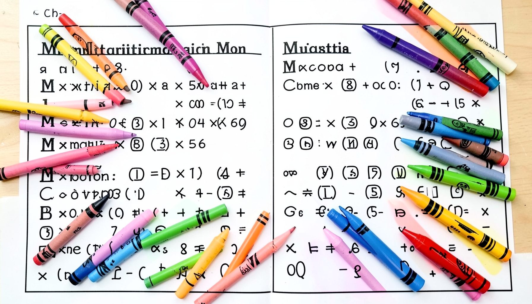 A grade three coloring worksheet combining multiplication problems with a color by number activity, crayons spread nearby in bright warm colors