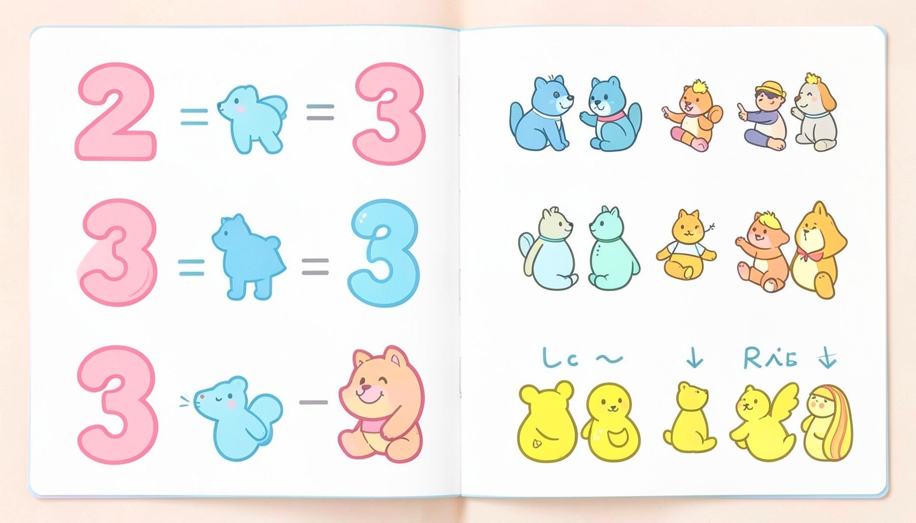 A kindergarten style worksheet with large playful numbers and simple multiplication illustrations using groups of objects in pastel colors