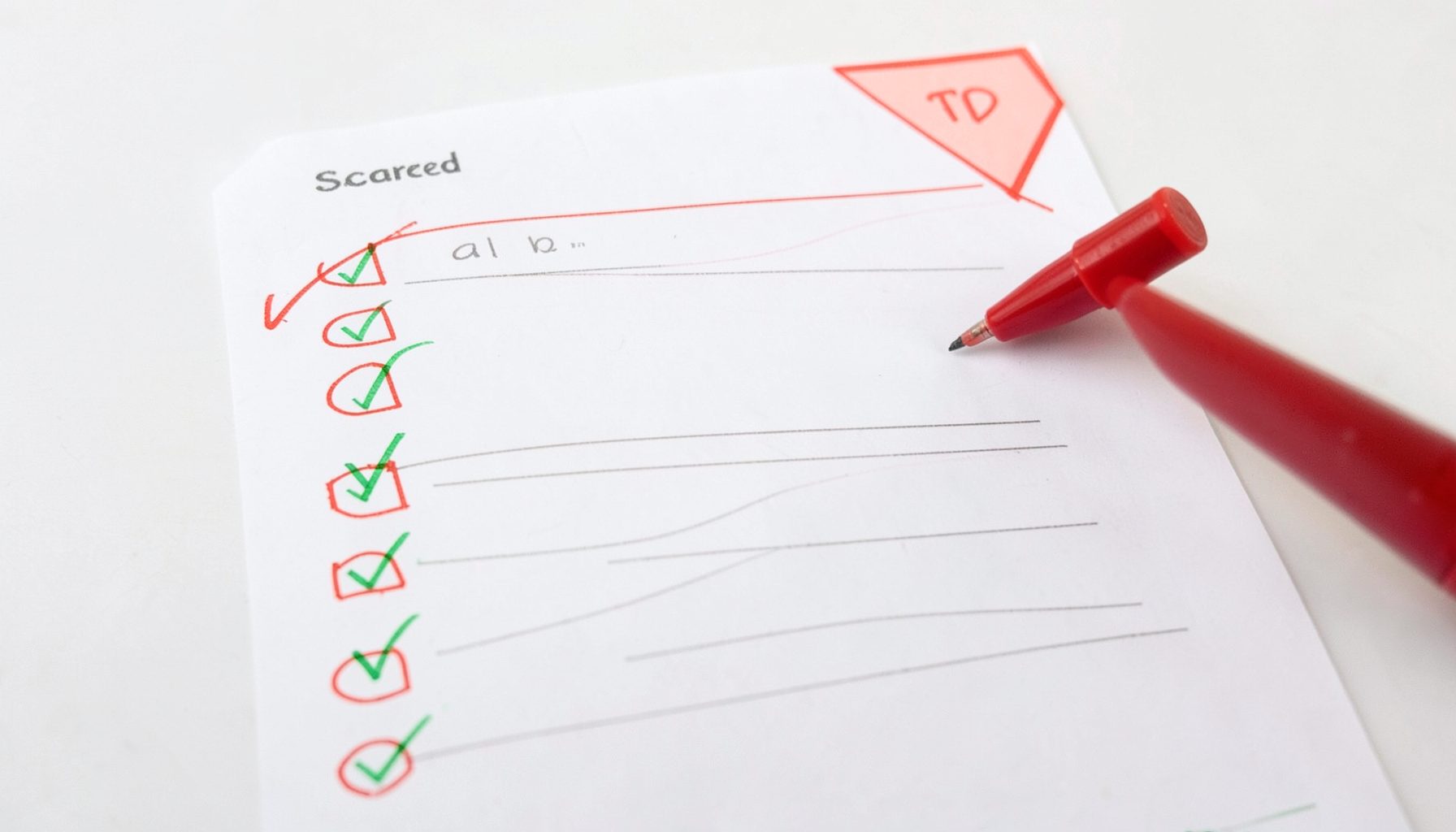 A review quiz sheet with checkmarks and a scored top corner, a red pen marking corrections on white paper