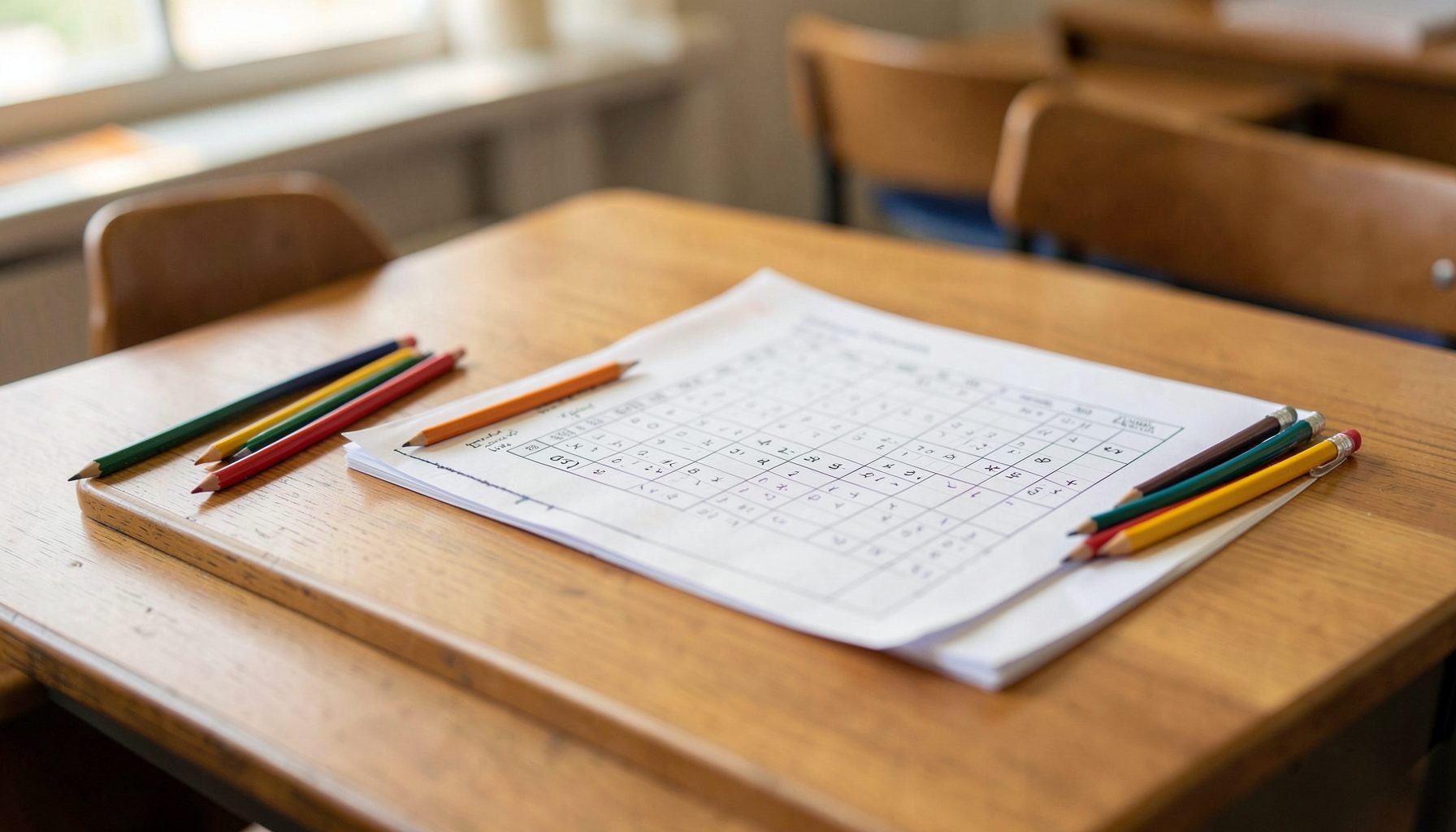 A softly lit classroom desk with colorful pencils, a notebook, and a half-completed math quiz sheet in warm wood tones