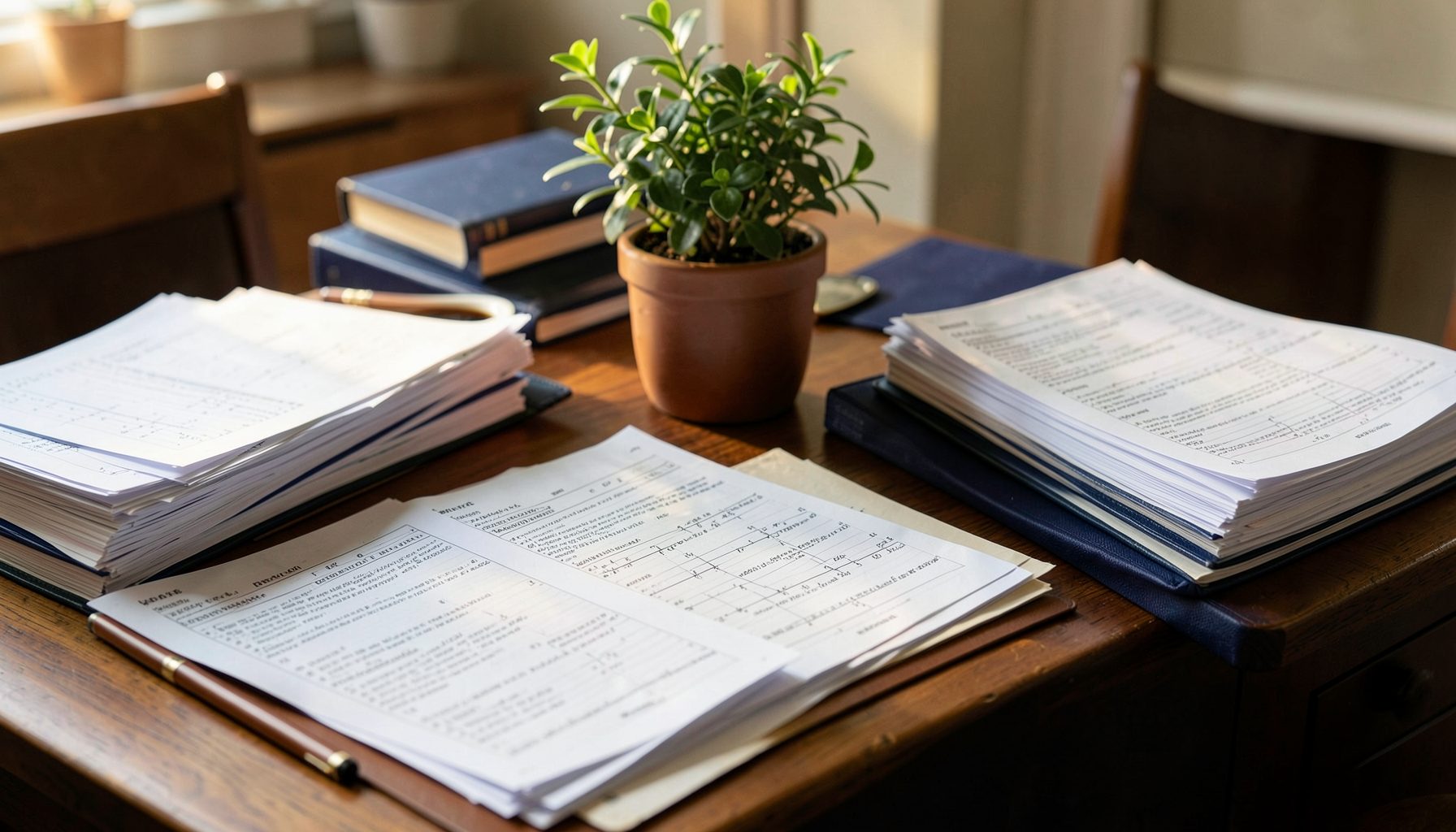 A wide shot of a teacher's desk covered with organized stacks of math worksheets, a cup of coffee, and a potted plant, bathed in soft natural light