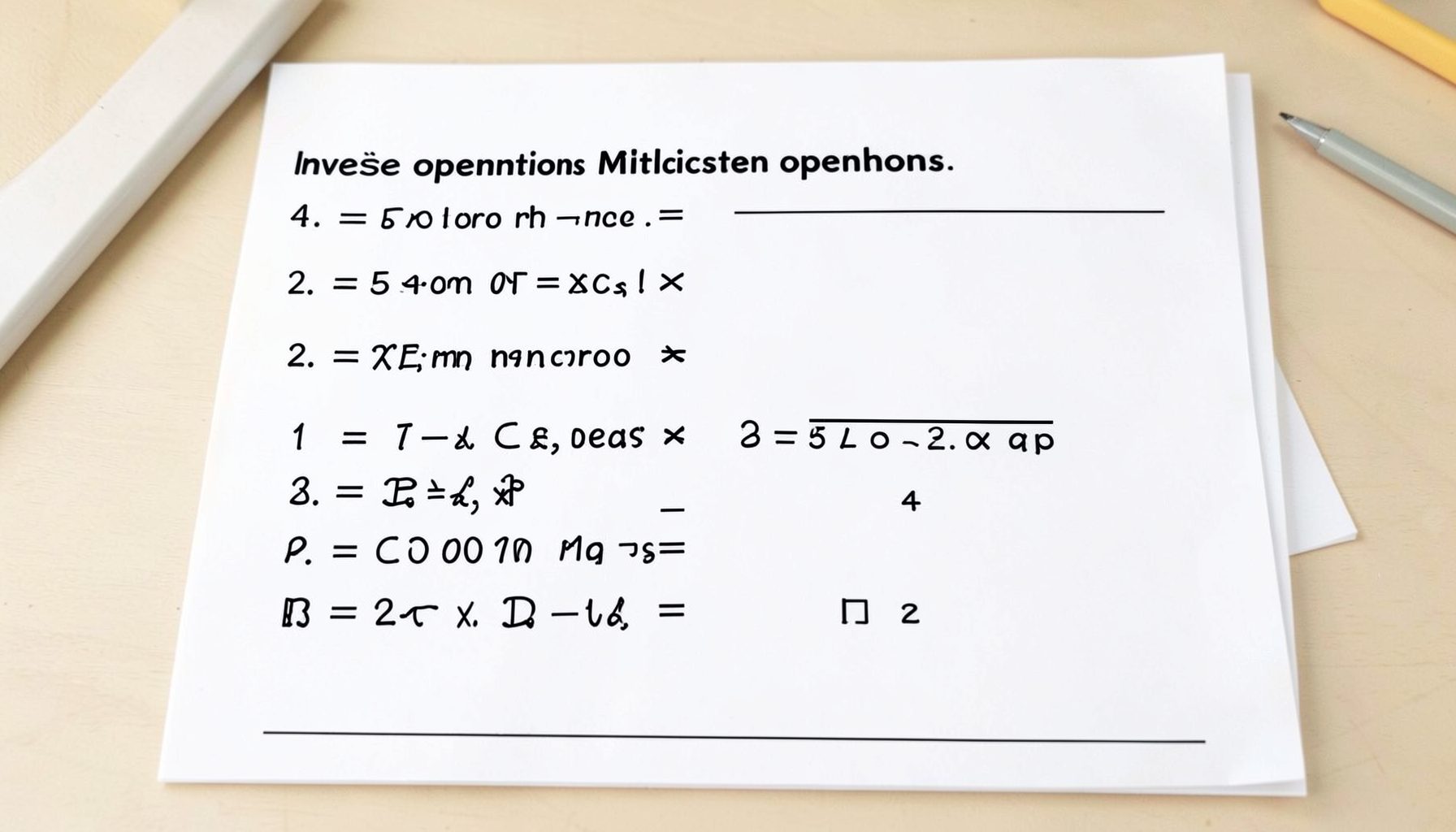 A worksheet page showing inverse operations with multiplication and division equations, set on a clean desk with soft natural light