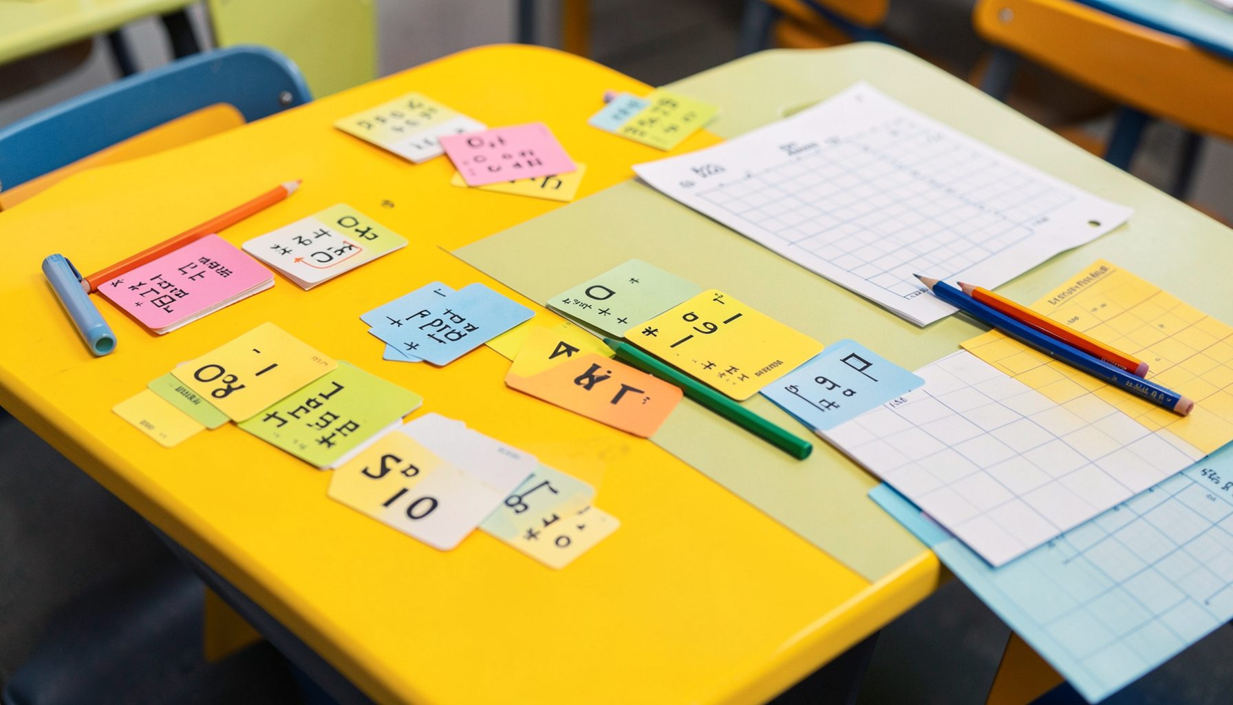 Colorful classroom desk with multiplication flash cards and grid paper in warm yellows and soft blue