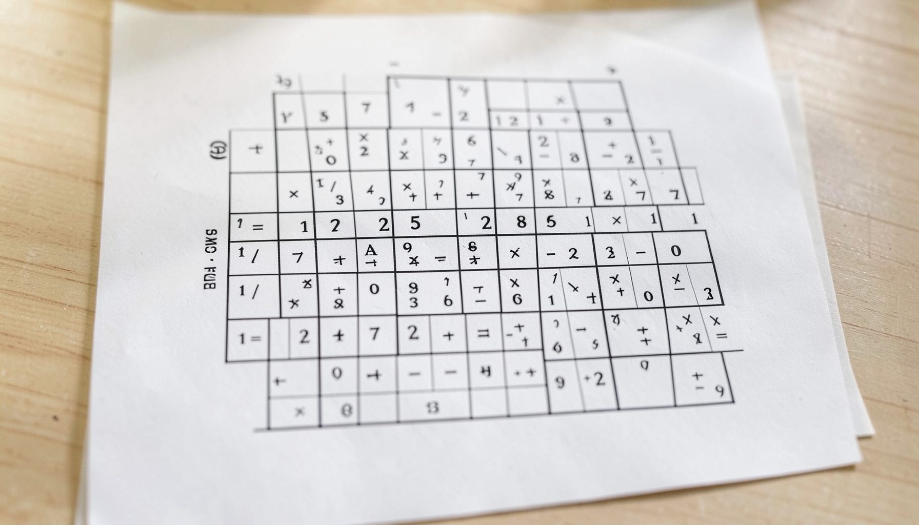Crossword-style grid with numbers and multiplication clues on white paper, soft natural lighting