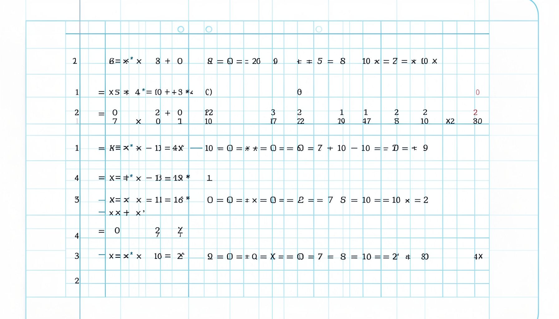 Grid paper with 2-digit by 2-digit multiplication problems worked out step by step, soft blue accents