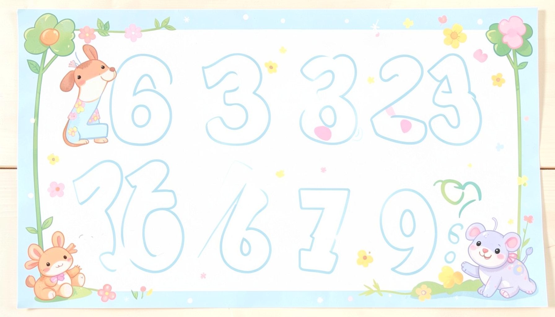 Playful kindergarten-themed worksheet with large numbers and friendly animal illustrations, pastel colors