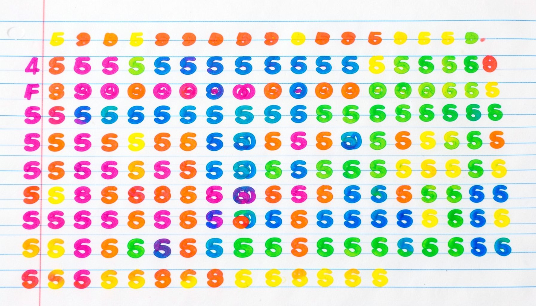 Rows of the number five repeated in a skip-counting pattern on lined paper, bright primary colors
