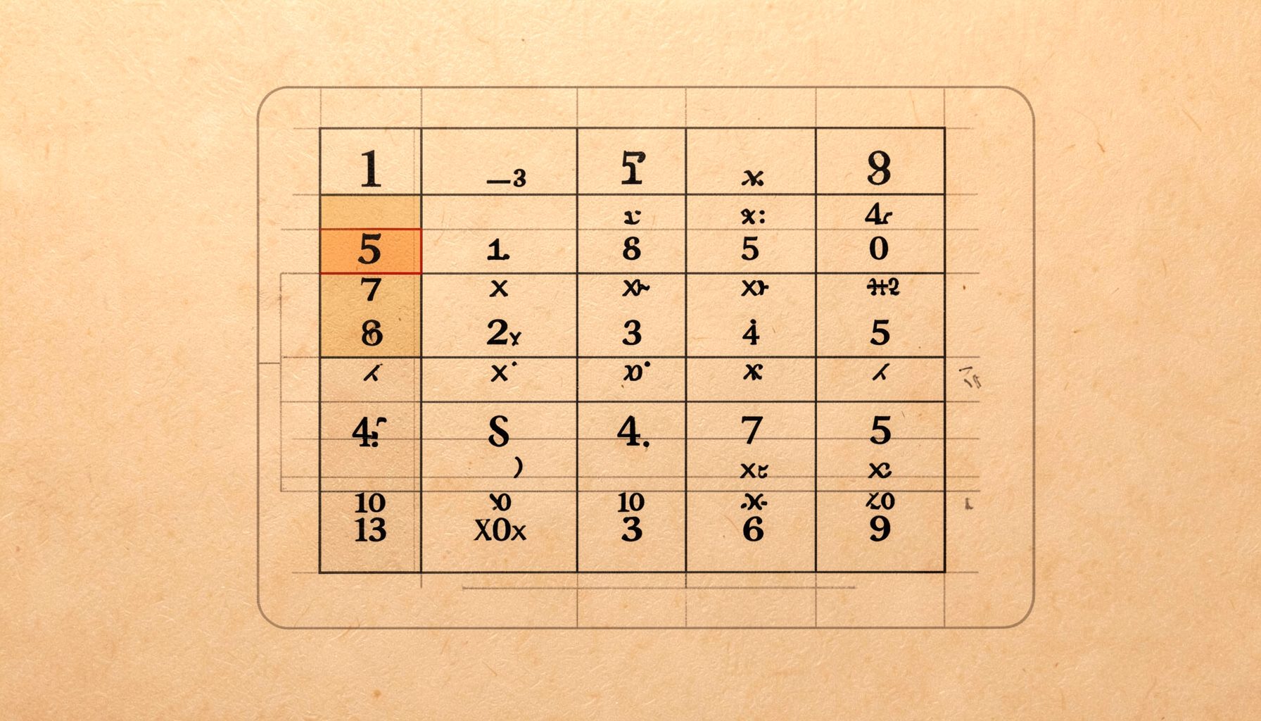 Simple multiplication table with the number 5 highlighted on warm beige paper
